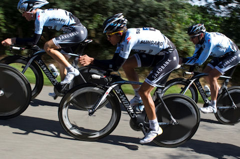 Saxo Bank-SunGard trains on Thursday before the start of the 98th Tour de France
